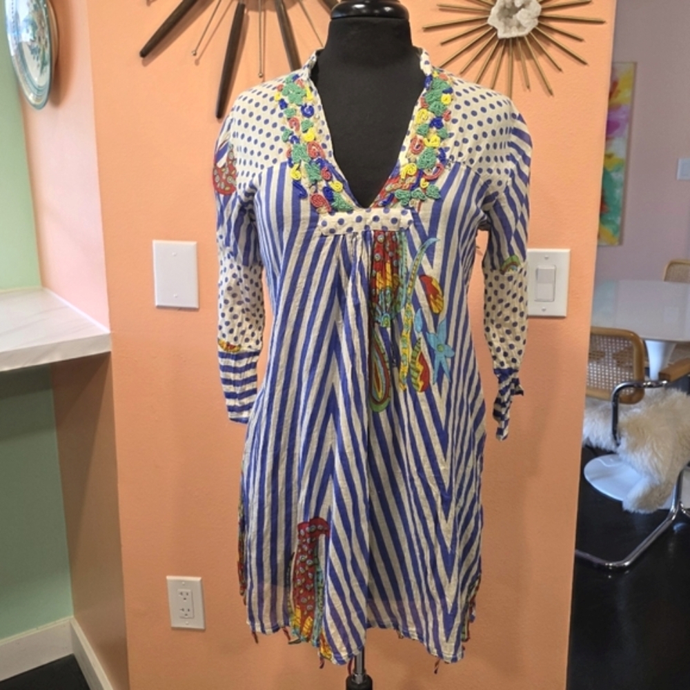 Positano By Jean Paul Small Blue & Cream Beaded Embellished V-Neck Tunic Top - Picture 2 of 16